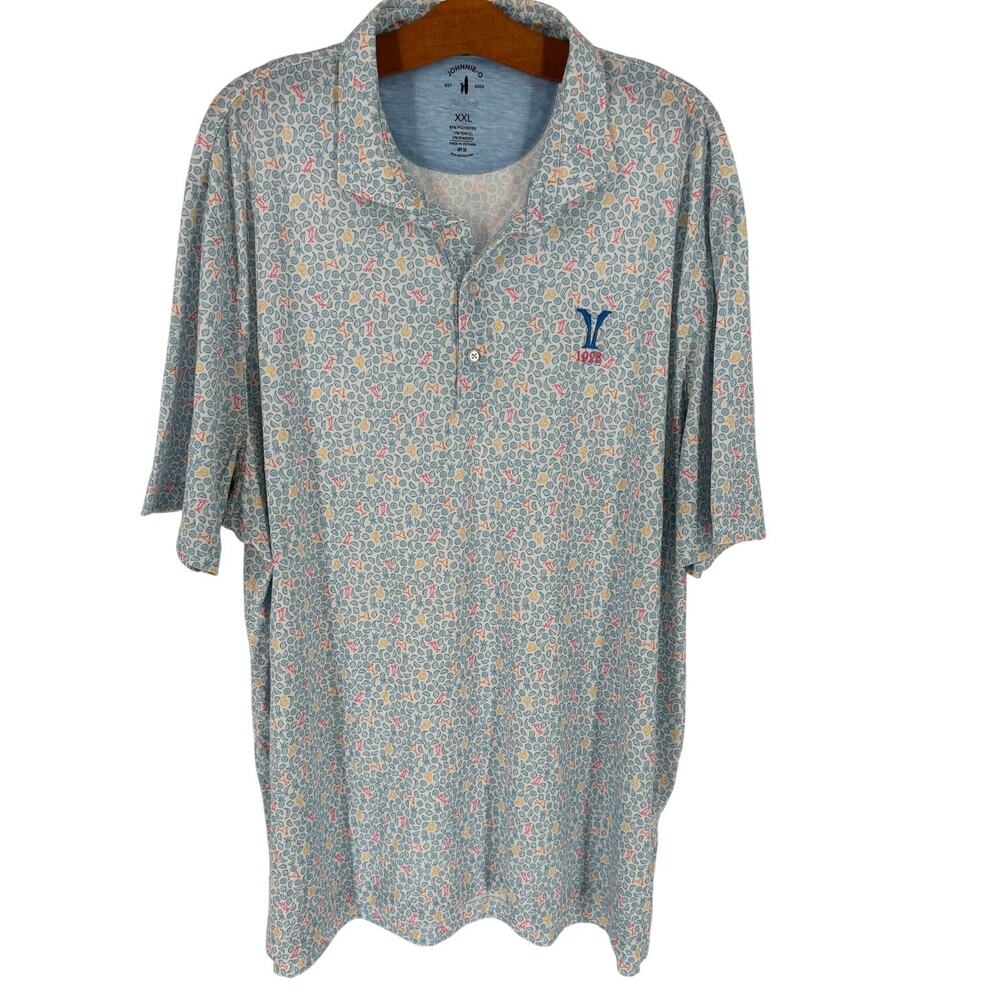 Johnnie-O Polo Shirt Mens XXL 2XL Blue Cocktail Print Golf Stretch UPF 50